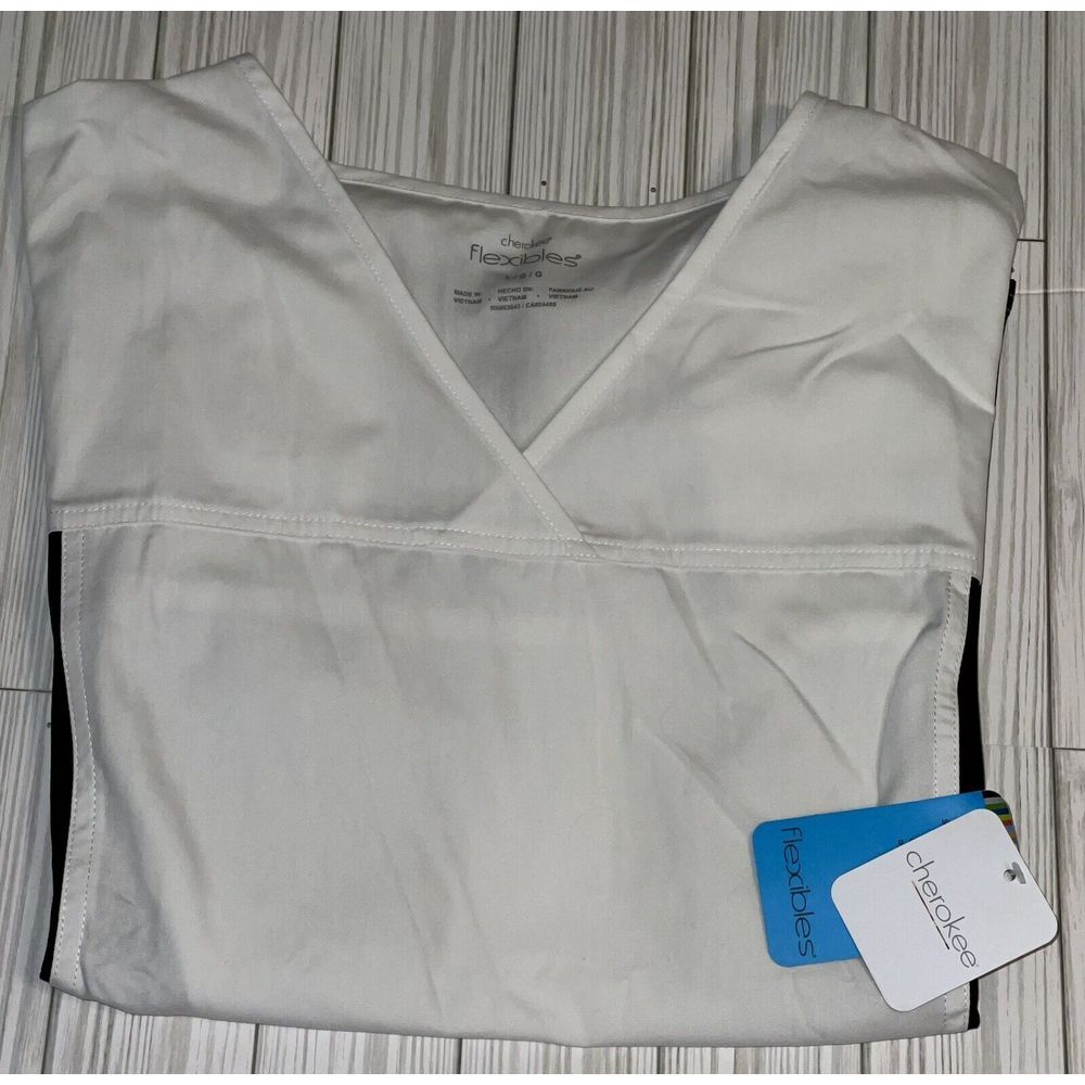 Women's Cherokee Flexibles V-Neck Stretch Panel Scrub Top White Black LARGE 2874